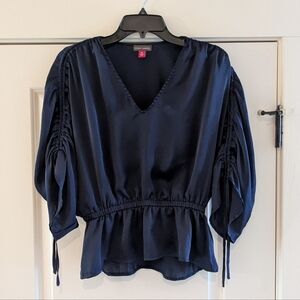 Vince Camuto Women's Blue Smocked Blouson Sleeve V-Neck Top, Size XS